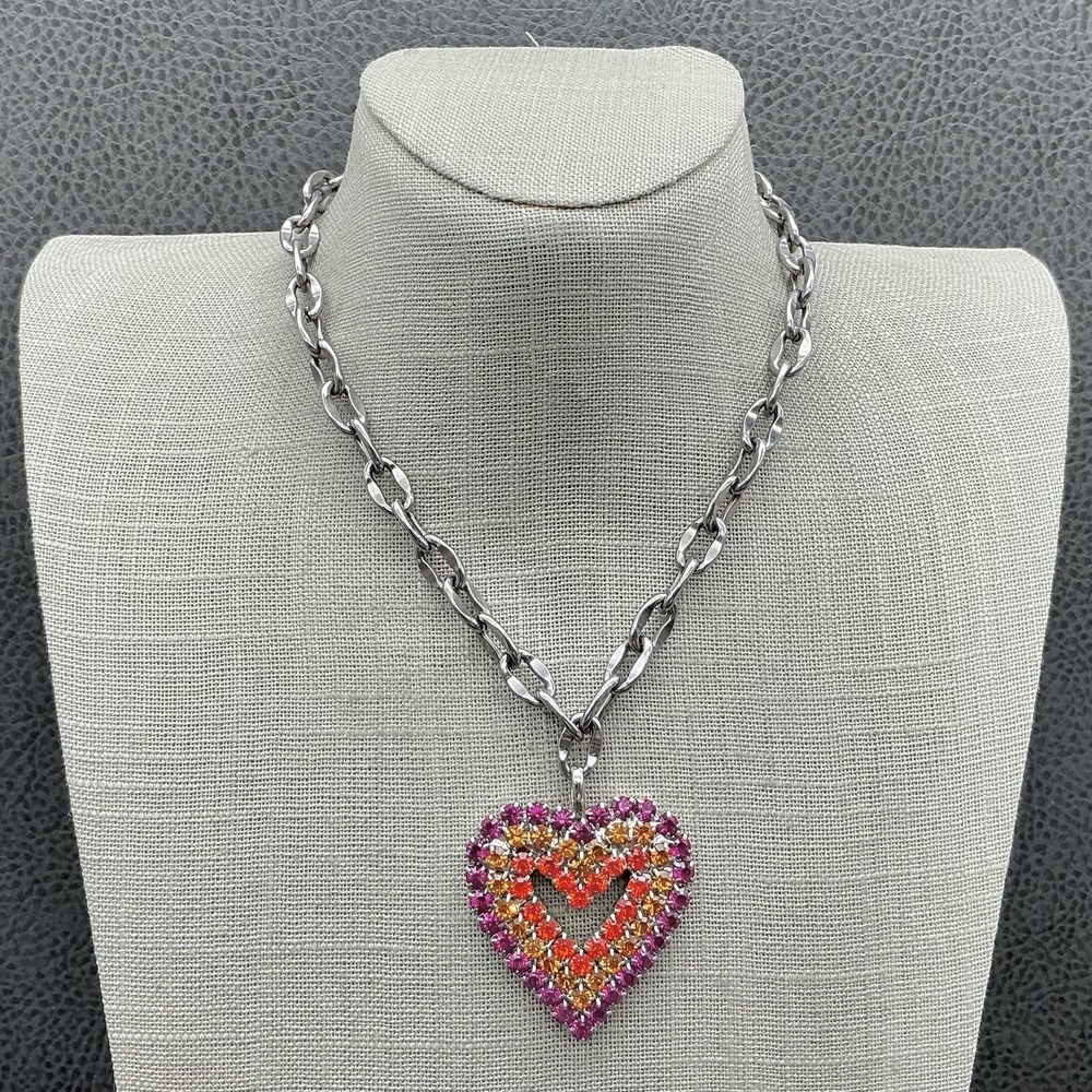Tarina Tarantino Necklace Silver Tone Multicolor Rhinestone Heart Pendant‎ 18"